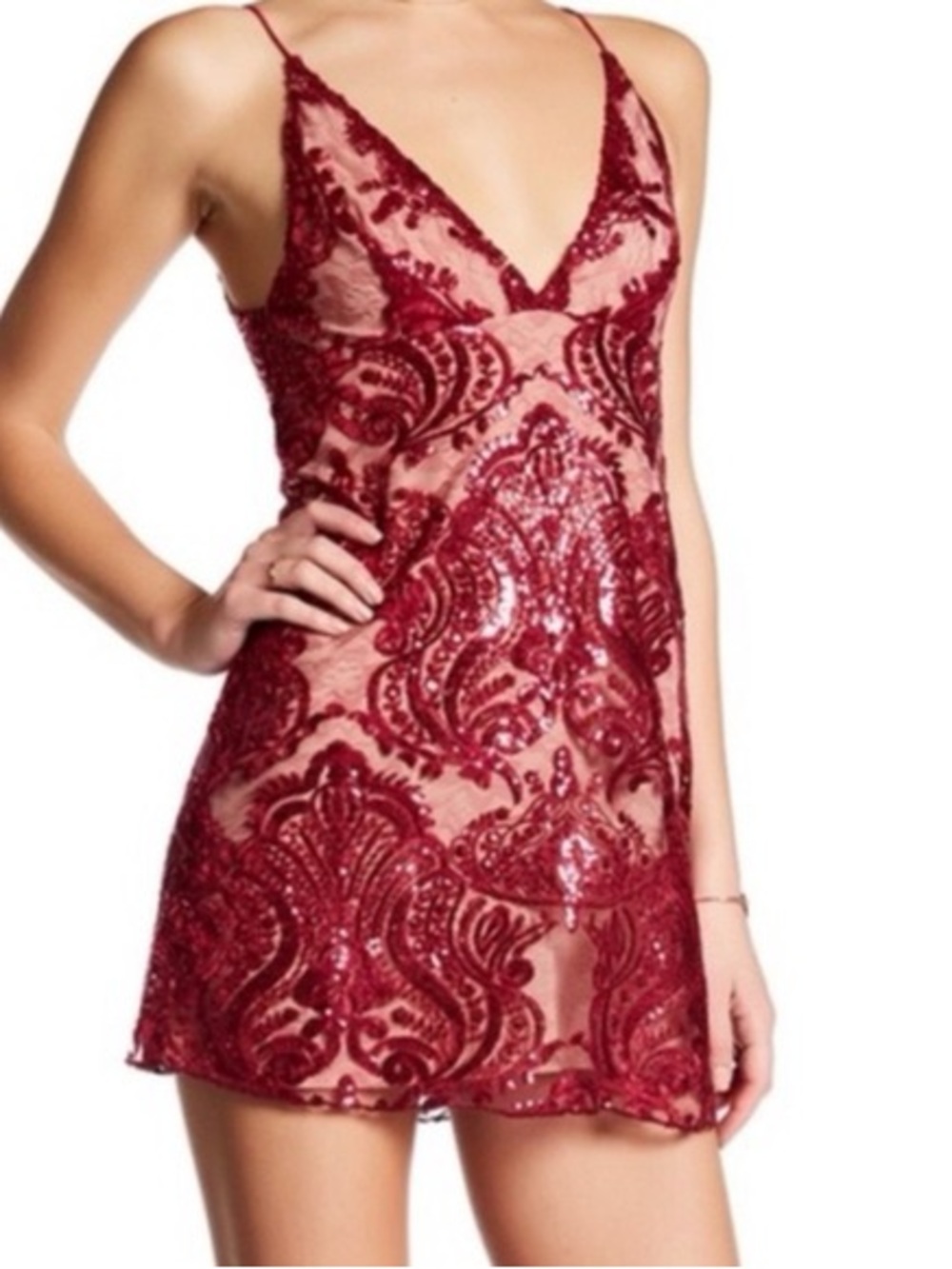 Free People Burgundy Sequin Embellished V-Neck Mini Dress